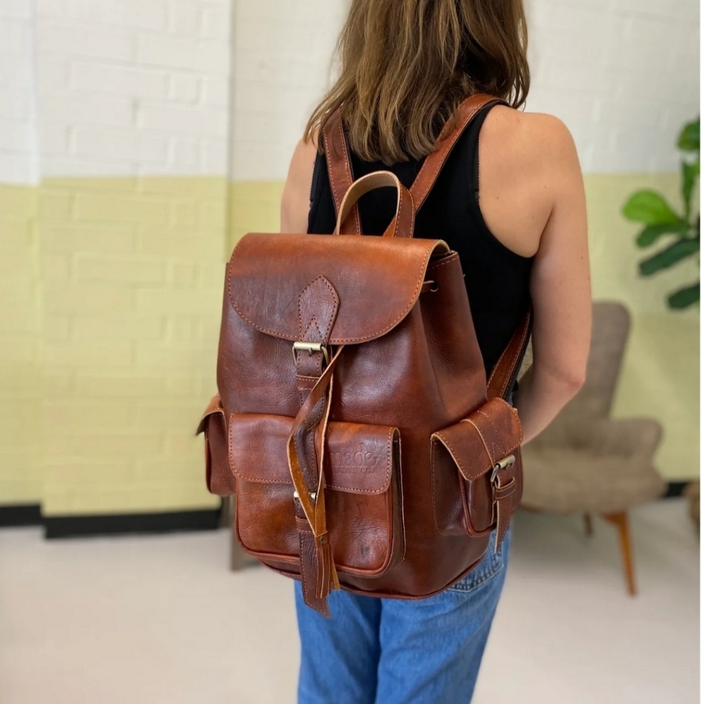 Women's Brown Leather Backpack with Front Pockets